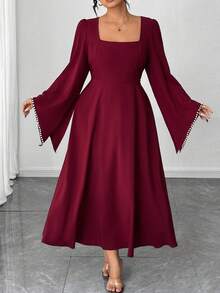 Elenzga Christmas Elegant Vintage French Style Square Collar Asymmetrical Flare Sleeve Pearl Color Block Dress, Fashionable For Autumn/Winter - Red - View 3