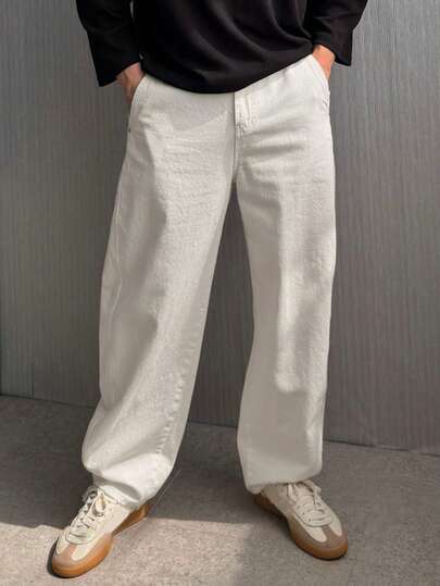 DAZY Men's Loose Fit Solid Color White Denim Jeans, Autumn