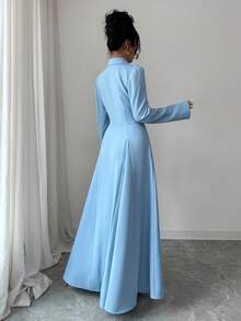 Selianne Robe longue élégante bleu avec ceinture à la taille pour femmes, convient pour les rendez-vous, les événements sociaux et les sorties en automne - Bleu azur - Voir 2