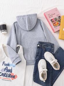 女童可爱甜美花卉蝴蝶结印花双层拉链口袋宽松夹克，休闲百搭，秋冬 - 灰色 - 查看 2