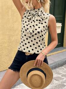 Franclia 时尚优雅百搭 H 型法式蝴蝶结波尔卡圆点宽松无袖女士衬衫，春夏 - 彩色 - 查看 4