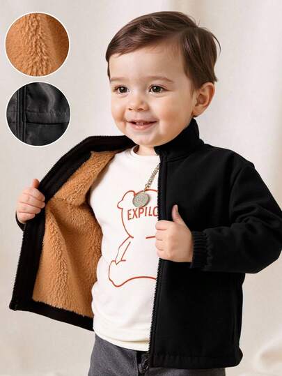 SHEIN Chaqueta gruesa con forro térmico de manga larga y cuello alto de color negro sólido, informal y con cremallera, para bebés niños. Chaqueta de invierno para bebé niño, conjunto de ropa de invierno para bebé niño, conjunto de ropa de otoño para bebé niño.