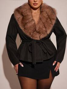 SHEIN BAE Plus Size Fashion Fur Collar Belted Jacket, Autumn/Winter - Black - View 4