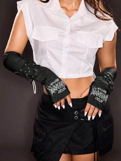 SHEIN ICON Y2K Black Half Finger Gloves With Metal Buckle Punk Arm Warmers