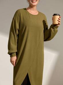 Momelise Christmas Plus Size Casual Asymmetrical Hem Long Sleeve Pullover Dress - Army Green - View 7