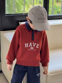 SHEIN 2件套年轻男童休闲拼色领半拉链套头衫和慢跑裤套装 - 彩色 - 查看 4