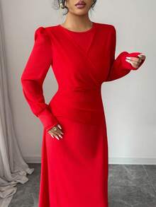 Rafferiza Fashionable And Elegant Waist Round Neck Pleated Women's Long Sleeve Christmas Red Autumn And Winter Dress Women's Elegant Party Wedding Guest Dress New Year Dress Red