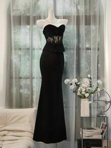 Glisette 2pcs Set Solid Color Lace Patchwork Elegant Maxi Skirt Suit, For Holiday Party - Black - View 1