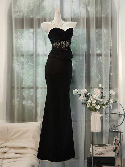 Glisette 2 件套纯色蕾丝拼接优雅长裙套装，适合节日派对