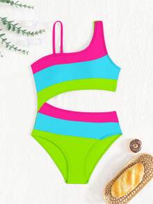 SHEIN 女童拼色不对称领口连体泳衣，腰部镂空设计，紫色沙滩装 - 彩色 - 查看 3