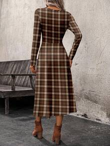 EMERY ROSE Casual Minimalist Vintage Coin Pattern Red-Brown Plaid Allover Print Long Sleeve Dress For Women, Suitable For Autumn/Winter - Multicolor - View 2