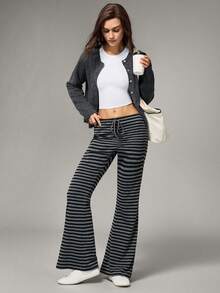 Hanevo Women's Autumn/Winter Casual Sports Yoga Gray & Black Striped Knit Elastic Flare Pants - Dark Grey - View 3