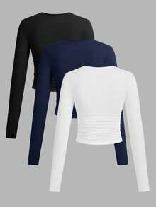 SHEIN EZwear 3件套女士休闲纯色圆领褶皱长袖T恤，涤纶材质，秋冬款 - 彩色 - 查看 2