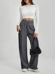 SHEIN Tall Pantalones de chándal de pierna ancha con cordón en la cintura - Gris Oscuro - Ver 5