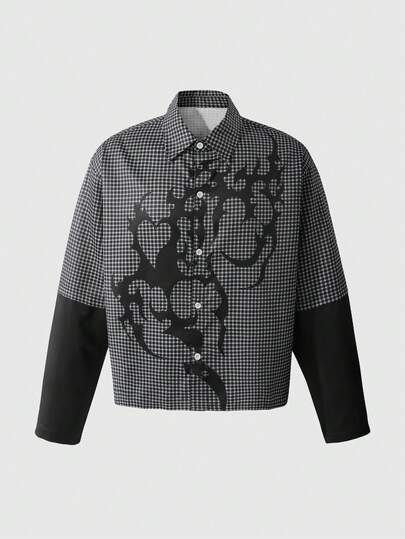 Goth Camisa de hombre de otoño con estampado de cuadros y parches, 2 en 1