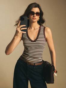 Poéselle Women's V-Neck Ribbed Slim Fit Casual Tank Top Women Tank Tops Striped Tank Brown Tank Top Striped Top Brown Tank Top Women Western Tank Tops Women - Brown - View 6