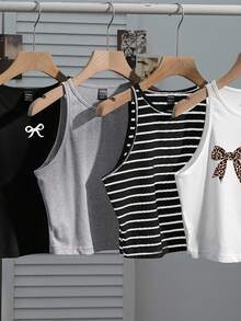 SHEIN EZwear 女士休闲豹纹蝴蝶结装饰四件套，黑白条纹性感紧身吊带背心，夏季 - 彩色 - 查看 4