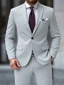 Manfinity Mode Ensemble veste de costume et pantalon à revers entaillés, décoré d'un mouchoir de poche, coupe simple boutonnage, gris clair pour hommes - Gris pâle - Voir 5