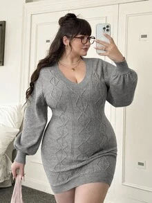 SHEIN EZwear 大尺碼時尚深V領修身針織洋裝，灰色秋冬款 - 灰色 - 查看 5