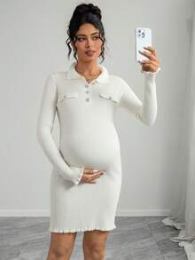 Momance Rochie mini tricotată pentru femei, croială slim, cu guler solid, design cu nasturi și perle, mânecă lungă, pulover pentru maternitate