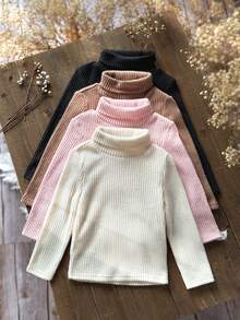 SHEIN Emery Rose Kids 4 Stücke/Set aus gerippten Freizeit-T-Shirts mit hohem Halsausschnitt für Kleine Mädchen, elastische Rollkragen-Unterhemden, geeignet für den alltäglichen Gebrauch, Winterpullover für Kleine Mädchen/Babys, Herbstkleidung für Mädchen, Herbst- und Winterkleidung, Winteroberteile, geripptes Rollkragenoberteil für Mädchen mit langen Ärmeln, warmer, einfarbiger Pullover für Kinder, kuscheliges Rollkragenoberteil aus Strick mit langen Ärmeln, solides geripptes Design für kaltes Wetter, unverzichtbarer gerippter Rollkragenpullover für Kleine Mädchen, weiches, langärmliges Strickoberteil