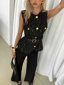 Siren Gaze 女式无袖厚花呢背心，秋冬 - 黑色 - 查看 3