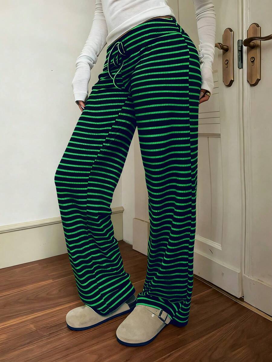CovetEZ 休闲低腰条纹拉绒抽绳腰部瑜伽宽松裤，舒适居家穿着，秋冬 - 彩色 - 查看 1