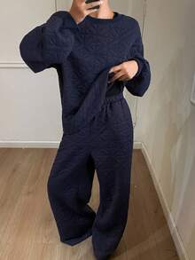 Livesso 2pcs Women's Thick, Loose, Business Casual Textured Houndstooth Crew Neck Sweatshirt And Wide Leg Pants Set, Suitable For Office Wear, Autumn/Winter Lounge Sets For Women - Navy Blue - View 3