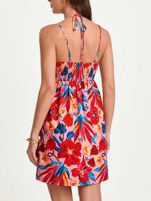 CAJUNI Vestido mini con estampado floral y escote halter, estilo vacacional - Rojo - Ver 2