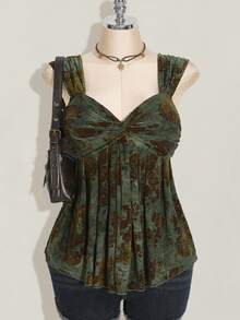 SHEIN ICON 大码女式嬉皮蕾丝撞色全印花胸前扭纹无袖背心，娃娃装针织上衣，Y2k 服装，毕业季返校季返校服装夏季服装，女式可爱上衣，娃娃装上衣 - 彩色 - 查看 1