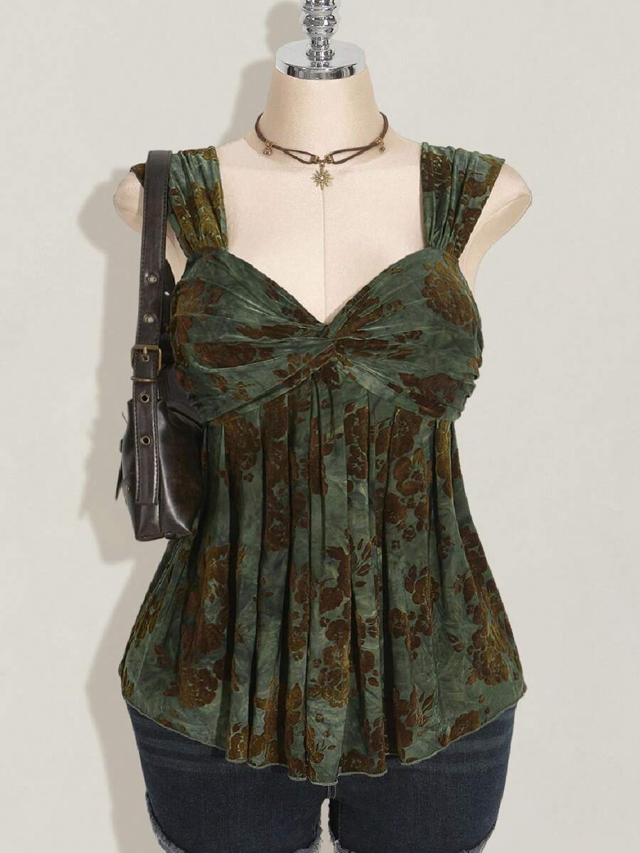 SHEIN ICON 大码女式嬉皮蕾丝撞色全印花胸前扭纹无袖背心，娃娃装针织上衣，Y2k 服装，毕业季返校季返校服装夏季服装，女式可爱上衣，娃娃装上衣 - 彩色 - 查看 1