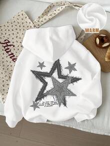 SHEIN Leap Crew Felpa con cappuccio casual e minimalista, con stampa a pentagramma personalizzata, vestibilità morbida e comoda, colore bianco, stile urban, punk, adatta per autunno/inverno, per ragazze adolescenti