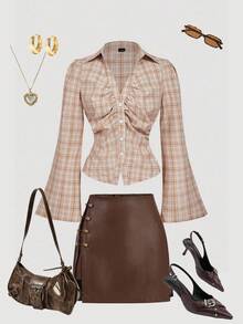 SHEIN MOD 大码女式V领荷叶边喇叭袖衬衫，西部衬衫，乡村音乐会，颓废风，波西米亚风，老钱风，西部风，返校季，休闲风，乡村风女式衬衫，外出上衣，春假，女式外出上衣，喇叭袖上衣，格子衬衫，西部风上衣，蝴蝶结衬衫，西部风上衣，系带衬衫 - 彩色 - 查看 6