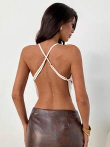 Aloruh Women's Y2K Party Sexy Vacation Handmade Rivet Apricot Backless Deep Draped Neck Camisole, Spring/Summer - Apricot - View 3