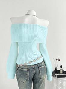 Elamini Casual Versatile Solid Color Off-Shoulder Lantern Sleeve Sweater - Blue - View 2