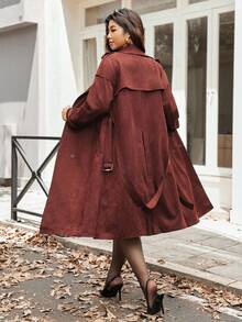 Vionelle Abrigo cortavientos de unicolor elegante de gamuza sintética con decoración de cinturón para tallas grandes, abrigos de otoño/invierno para mujeres, color burdeos, blazer de color marrón oscuro para mujeres - Burdeos - Ver 2