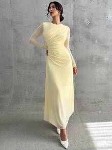 Firerie فستان ماكسي أنيق للنساء بأكمام طويلة وياقة مستديرة وخصر منتفخ، لون أصفر فاتح، مناسب للمناسبات الرسمية والعمل والعطلات والحفلات والأسلوب الكلاسيكي