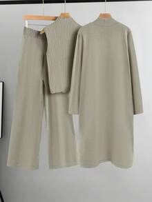 Linhara Plus Size Casual Solid Color Cardigan Knit Vest And Pants Set, Autumn/Winter - Olive Green - View 2