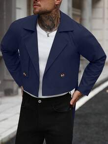 Manfinity Homme 男士前扣长袖口袋简约休闲风衣，外穿法兰绒短款风衣，适合送给朋友、老公、男朋友的礼物 - 藏蓝色 - 查看 4