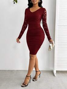 SHEIN Lady Four Seasons Elegant New Year Women's Wear Valentine's Day Ball Dress Women's Party Dress Women's Wine Red Solid Color Lace Splicing V-Neck Long Sleeve Slim Short Skirt Women's Short Skirt Long Sleeve Bodycon Dress Women Bodycon Dress Long Sleeve Elegant Dress Elegant Midi Dress,Wedding Guest Dress Women - Burgundy - View 3