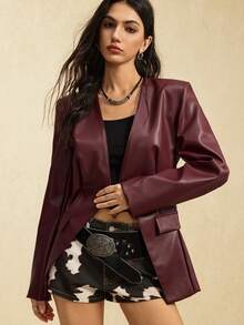 Easelle Women's Solid Color Long-Sleeved Fashionable PU Suit Jacket, Autumn Suit Jacket Button Autumn And Winter Outer Wear 2025pu Jacket - Burgundy - View 1