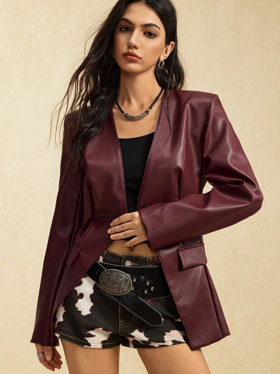 Easelle Women's Solid Color Long-Sleeved Fashionable PU Suit Jacket, Autumn Suit Jacket Button Autumn And Winter Outer Wear 2025pu Jacket - Burgundy - View 1