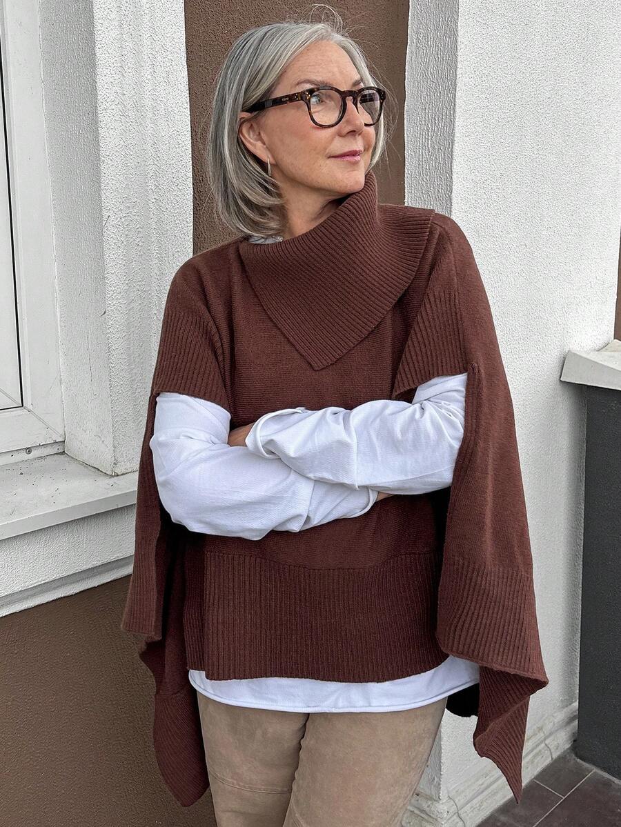 Vivie Lora Women's Loose Fit Shawl Collar Poncho Sweater - Brown - View 1