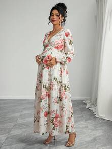 Momance Maternity Floral Print V-Neck Long Sleeve Ruffle Hem Elegant Dress - Multicolor - View 4