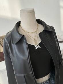 Lalippa 女式休闲纯色 PU 宽松夹克，秋冬 - 黑色 - 查看 6