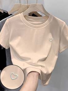 SHEIN Casual Versatile Heart Studded Decor Solid Color Short Sleeve T-Shirt - Apricot - View 3