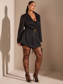 SHEIN BAE جاكيت بليزر بحزام بلون موحد مقاس كبير مناسب للتنقل وحفلات الكوكتيل والمكتب ورأس السنة باللون الأسود للخريف أنيق وكاجوال وعملي - الأسود - مشاهدة 6
