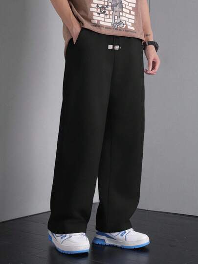 SHEIN 青少年男孩休闲街头风格纯色细节装饰舒适慢跑裤，适合通勤、上学、日常休闲、旅行、运动、派对、秋冬