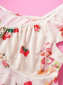 Strawberry Shortcake X SHEIN Áo lưới cổ tròn tay ngắn họa tiết dâu tây phong cách Y2K ngọt ngào dễ thương cỡ lớn cho nữ, mùa thu - Màu be - Xem 3
