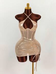 Amplova 女士纯色金属镂空抽绳交叉吊带迷你派对连衣裙 - 藕粉色 - 查看 1